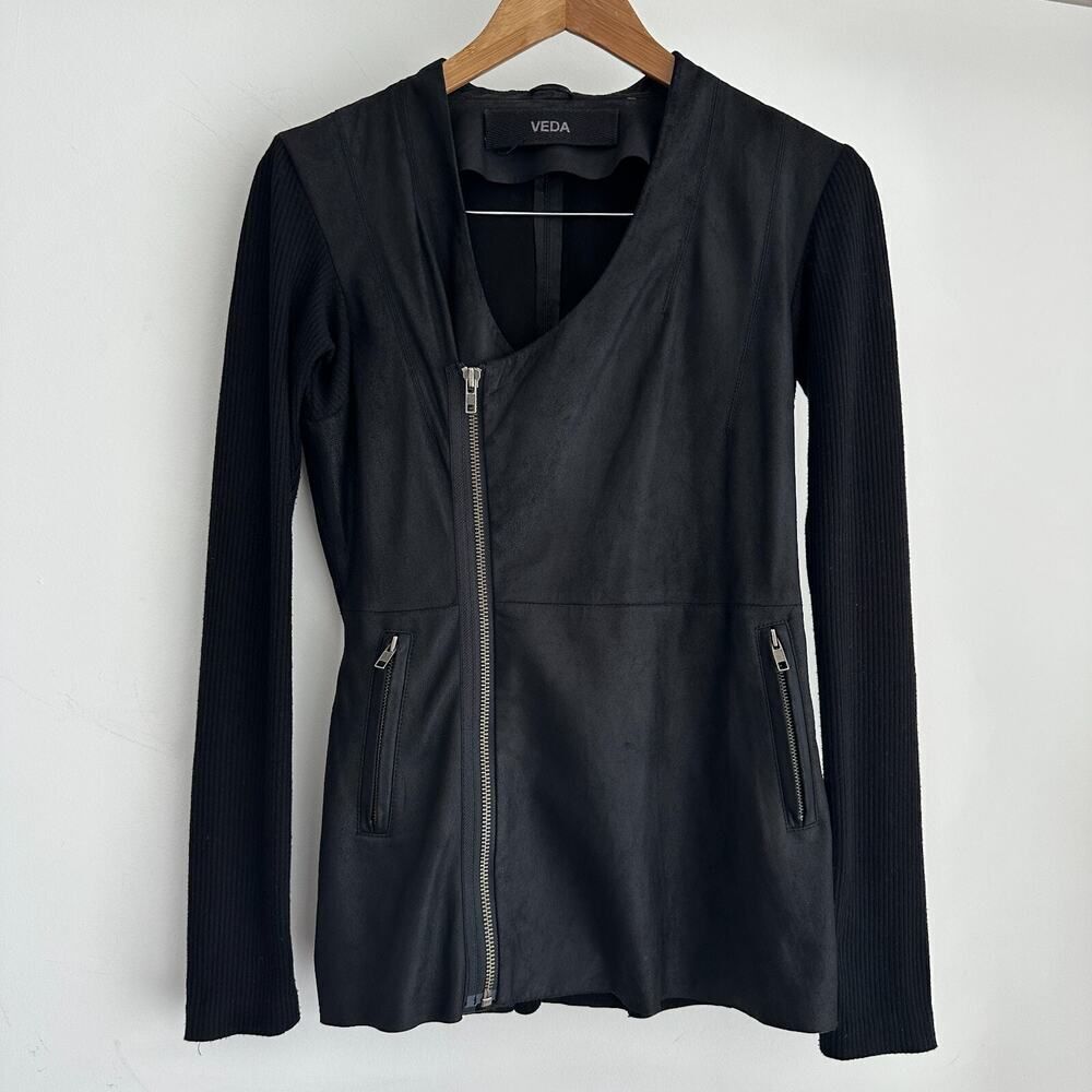 Veda Leather Jacket Womens XS Black Moto Biker Asymetric Zip Knit Sleeve Edgy